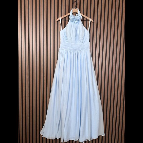 New Babaroni Dress 28" x 64" Blue Bachelorett Chiffon Open Back Halter Neck Maxi - Picture 1 of 11